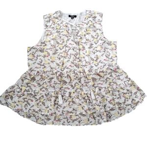 Curve Appeal Top Size XL Floral Lightweight Sheer Layered Ruffle Sleeveless Bird